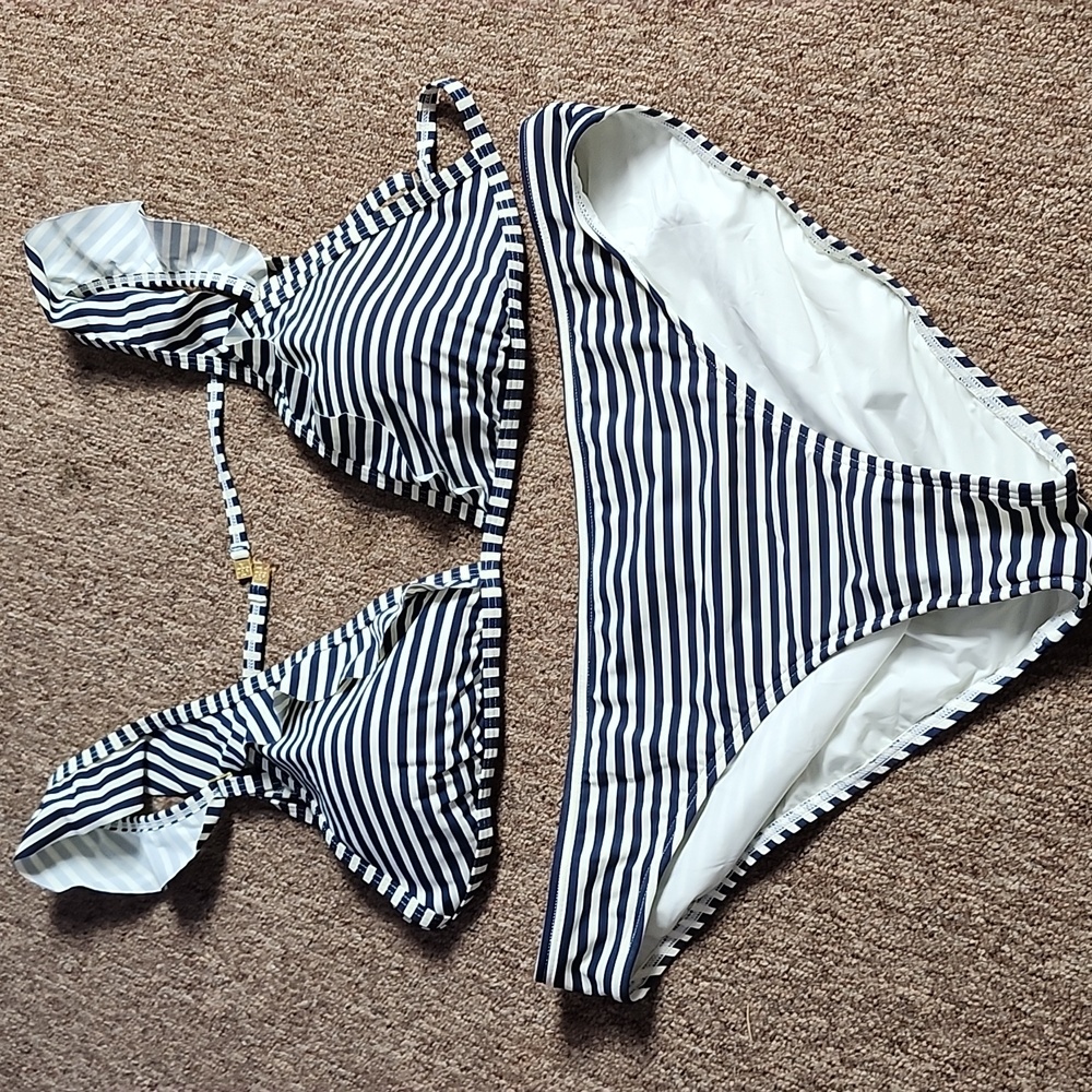 Tory Burch Flounce Bikini Top and Bottoms in Navy and White Stripe - Picture 3 of 10